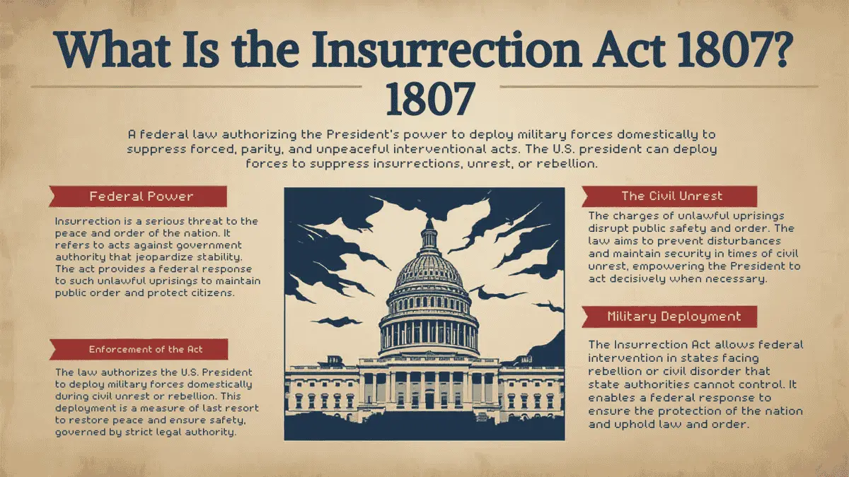 Image showing US military authority under the Insurrection Act explaining presidential power during domestic unrest.
