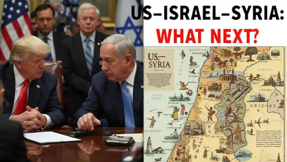 US Israel Syria geopolitics thumbnail showing Capitol, Israeli flag, Damascus skyline and Syria highlighted on Middle East map