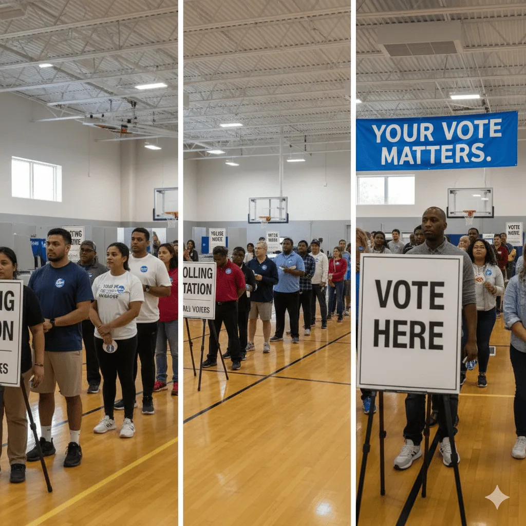 A row of diverse voters waiting in line at a local polling station with official "Vote Here" election signage.