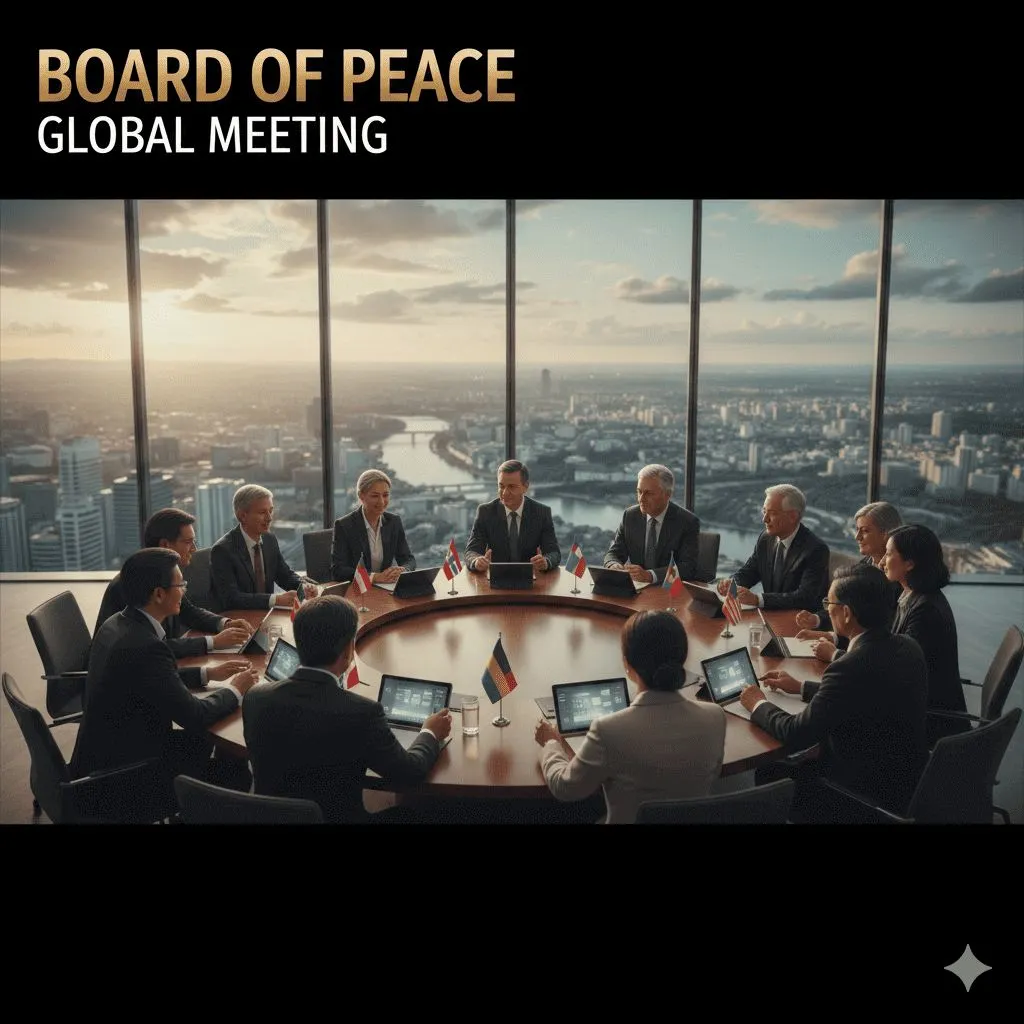 Diverse world leaders at a circular table in a glass boardroom overlooking a city at sunrise; "Board of Peace."