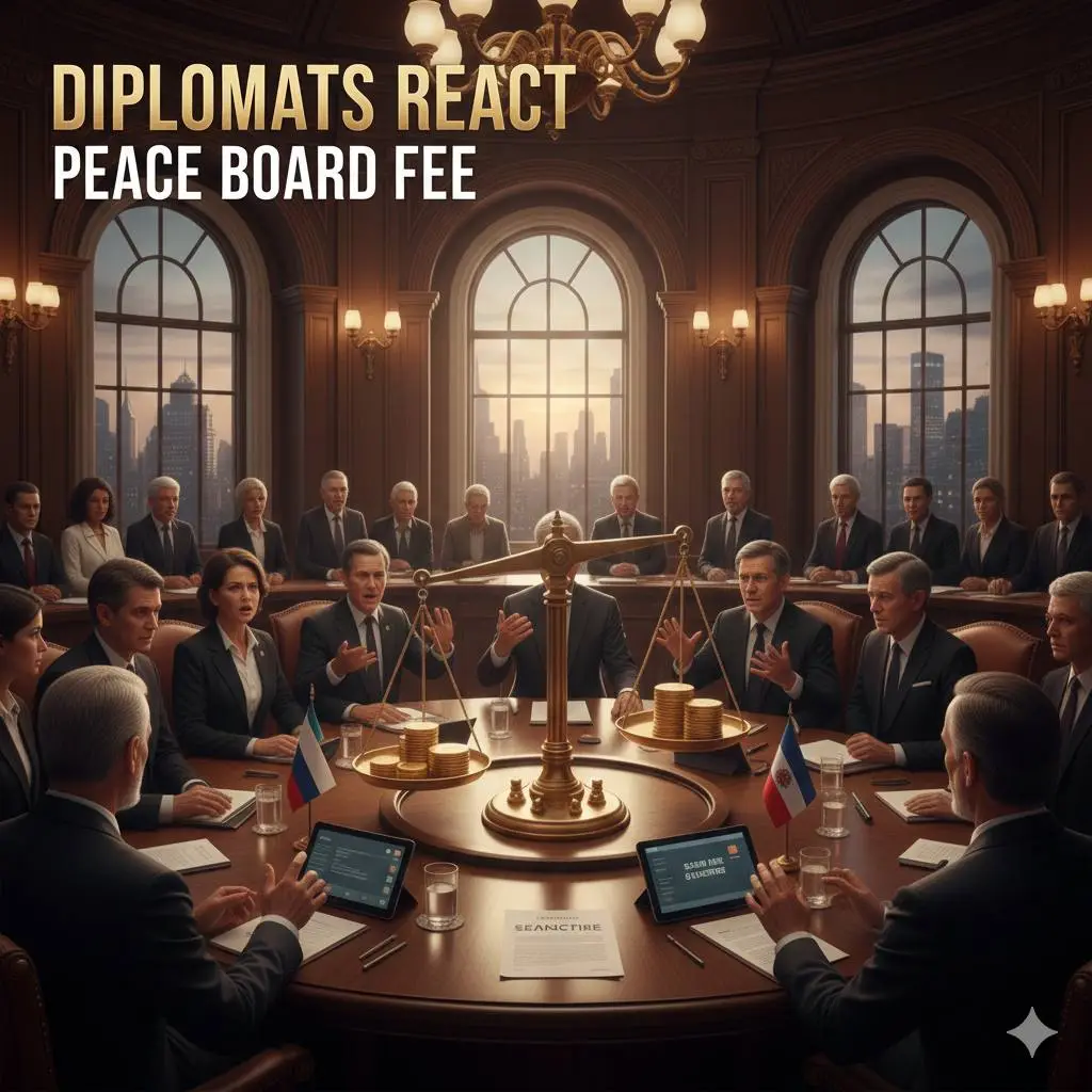 Diplomats reacting with shock around a boardroom table with a gold scale; "Diplomats React Peace Board Fee."