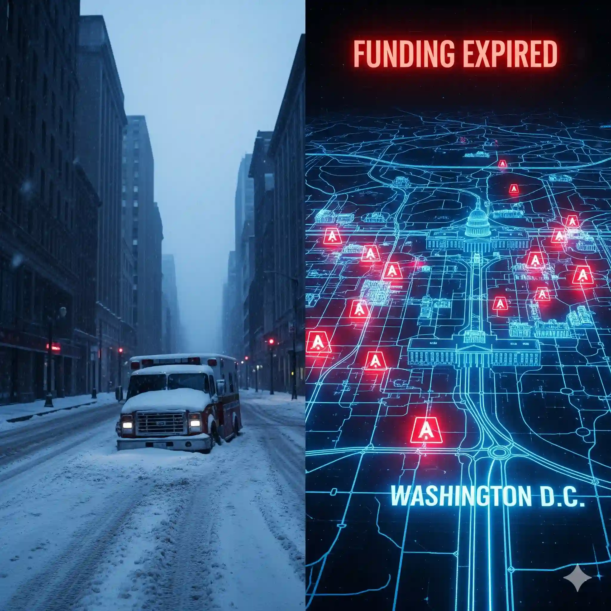 Split screen: A snow-stalled ambulance on a city street and a digital D.C. map with "Funding Expired" alerts.