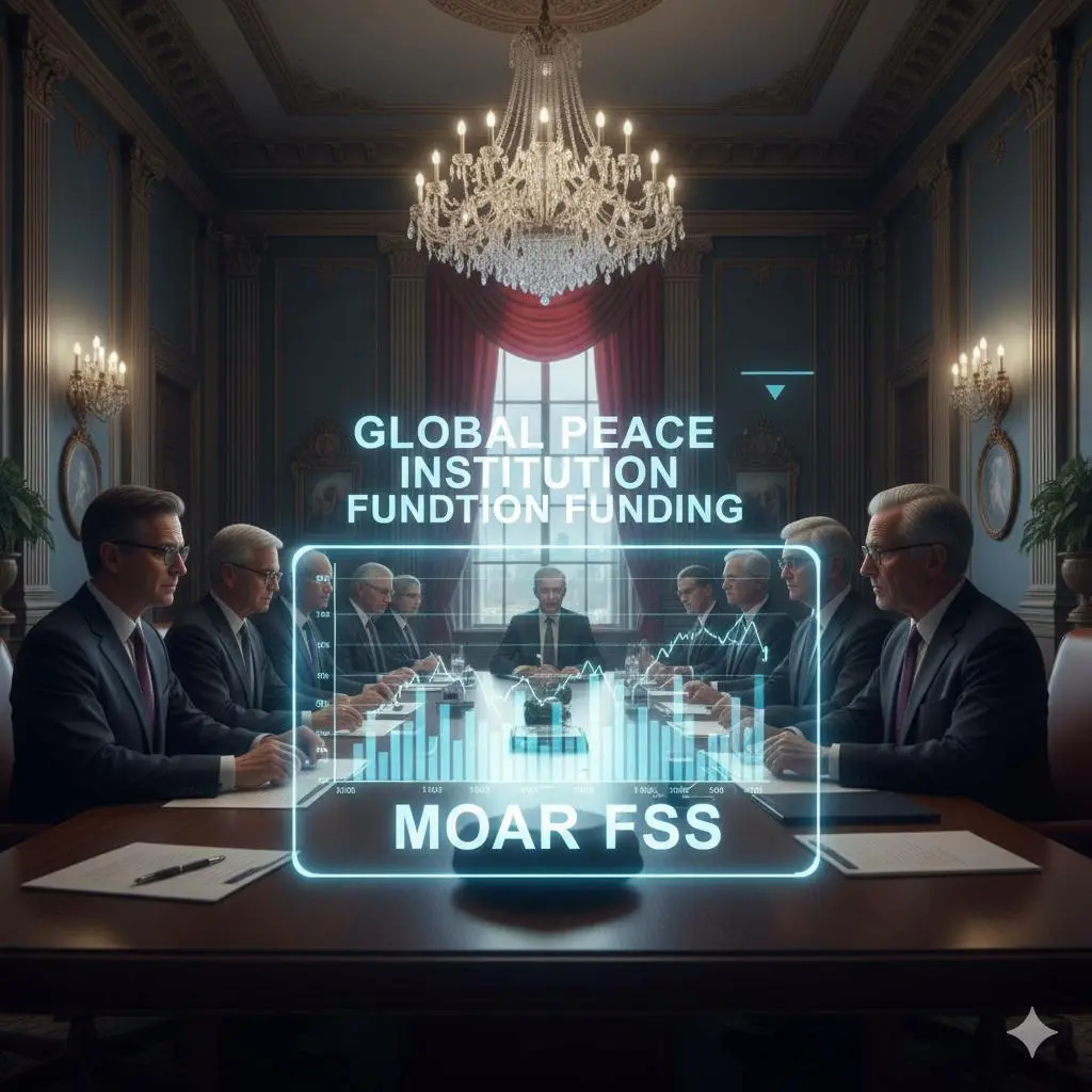 a blue holographic data chart in a formal boardroom; "Global Peace Institution Funding."