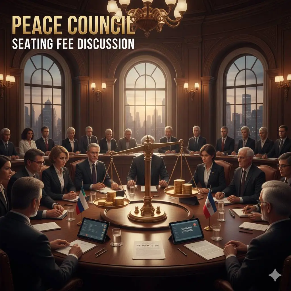 Council members at a round table with a gold scale and coins; "Peace Council Seating Fee Discussion."