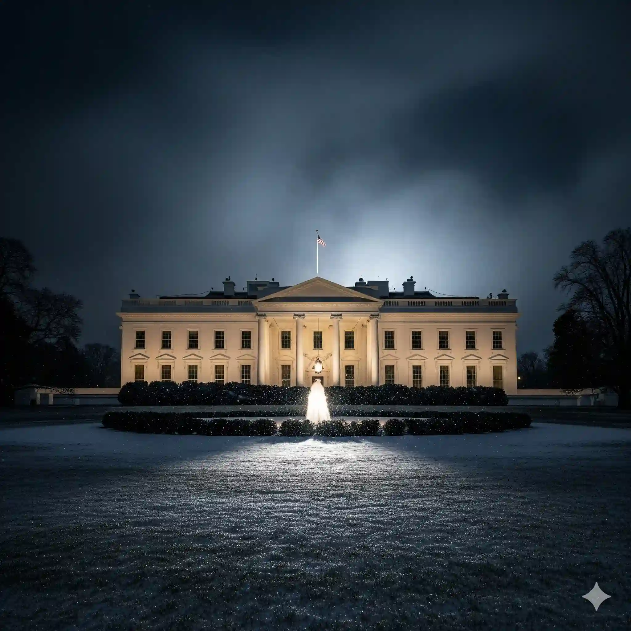 The White House at night during a winter storm, illuminated against a dark, snowy sky with a snow-covered lawn.
