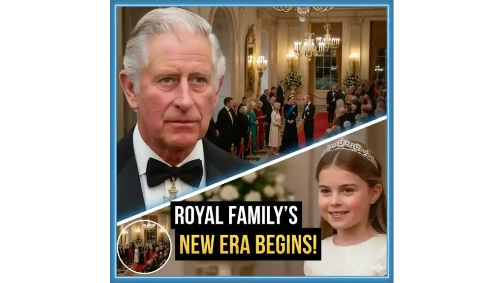 Split-screen image showing King Charles III and Princess Charlotte at a 2026 formal royal gala.