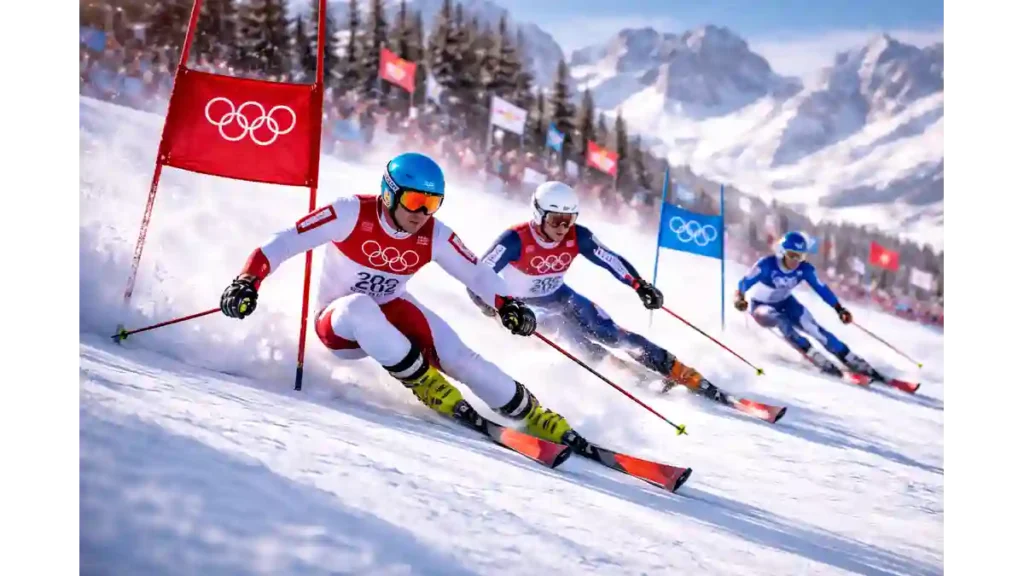 2026 Winter Olympics Alpine Skiing: Stunning Medal Battles 2 Ski racer leans into a sharp turn during a 2026 giant slalom competition, spraying snow on a sunlit mountain course.