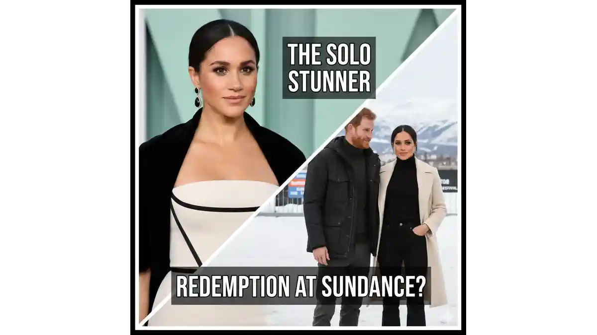 Meghan Markle in a white gala gown vs. Harry and Meghan in winter coats at Sundance.