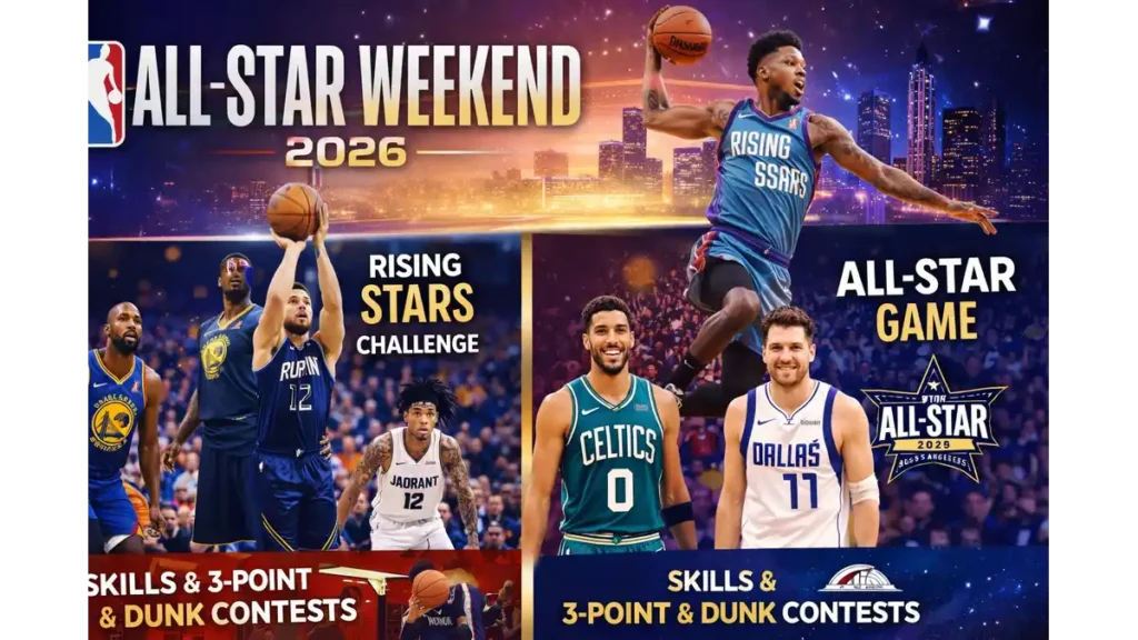 Promo poster for the 75th NBA All-Star Weekend in LA, featuring Team USA vs. Team World stars at the Intuit Dome.