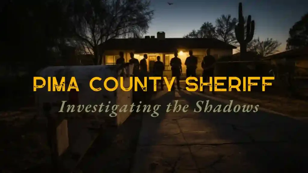 Crime scene secured by Pima County Sheriff deputies with tape, officers investigating residential property in the Tucson area.