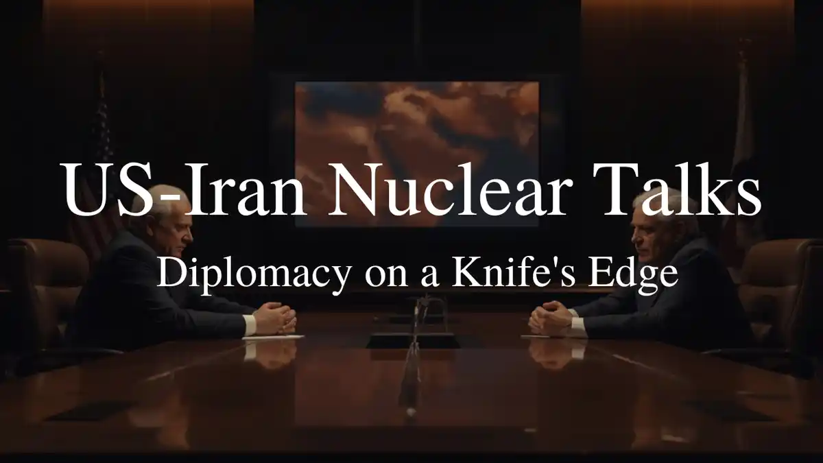 US and Iranian diplomats meeting at the negotiation table, with national flags in the background.